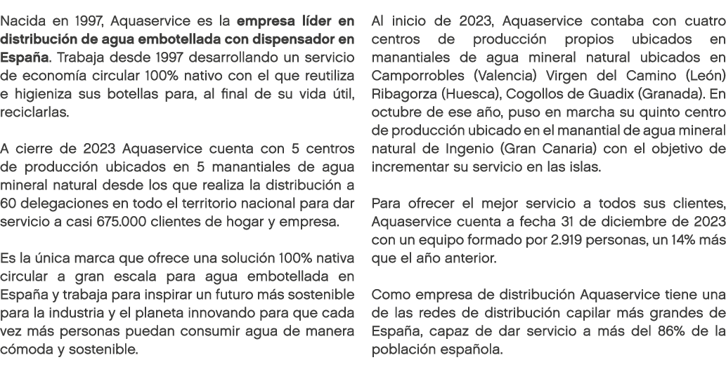 Nacida en 1997, Aquaservice es la empresa l der en distribuci n de agua embotellada con dispensador en Espa a. Trabaj...