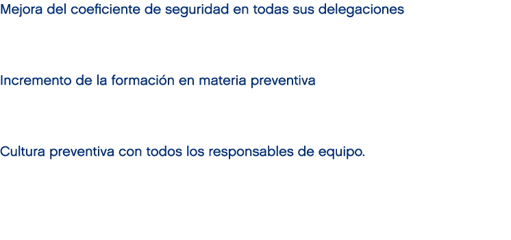 Mejora del coeficiente de seguridad en todas sus delegaciones Incremento de la formaci n en materia preventiva Cultur...