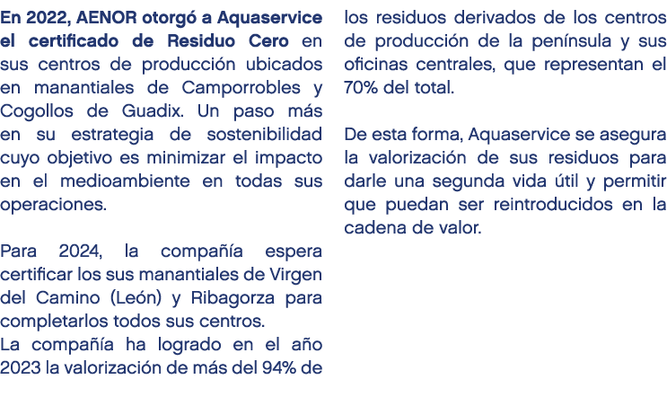 En 2022, AENOR otorg a Aquaservice el certificado de Residuo Cero en sus centros de producci n ubicados en manantial...