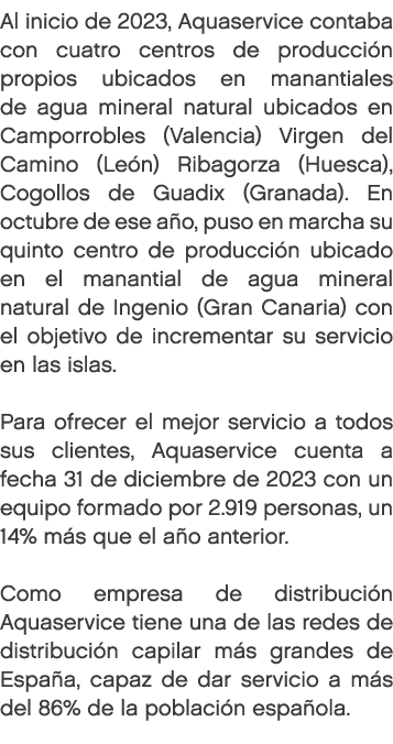 Al inicio de 2023, Aquaservice contaba con cuatro centros de producci n propios ubicados en manantiales de agua miner...